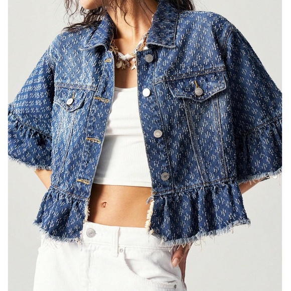 Dark Wash Button up Loose Fit Ruffle Hem Jacket - Picture 5 of 7